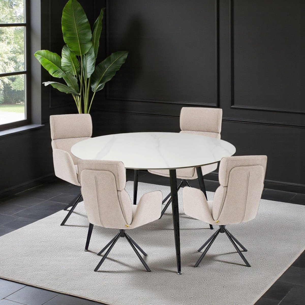 1.2m White Circular Ceramic Table &amp; 4 x Biscuit High Back Swivel Chair Set - The Furniture Warehouse