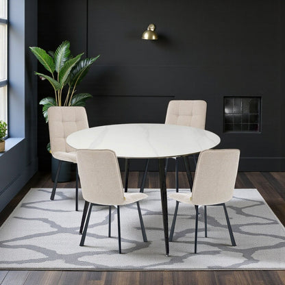 1.2m White Circular Ceramic Table &amp; 4 x Biscuit Panel Stitch Chair Set - The Furniture Warehouse