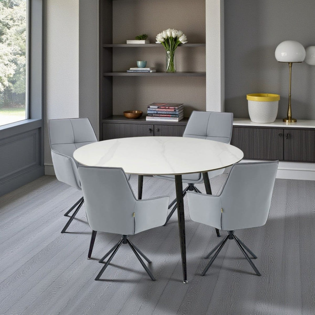 1.2m White Circular Ceramic Table &amp; 4 x Dark Grey Luxe Cross Stitch Swivel Chair Set - The Furniture Warehouse