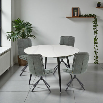 1.2m White Circular Ceramic Table &amp; 4 x Forest Green Luxe Panel Stitch Swivel Chair Set - The Furniture Warehouse