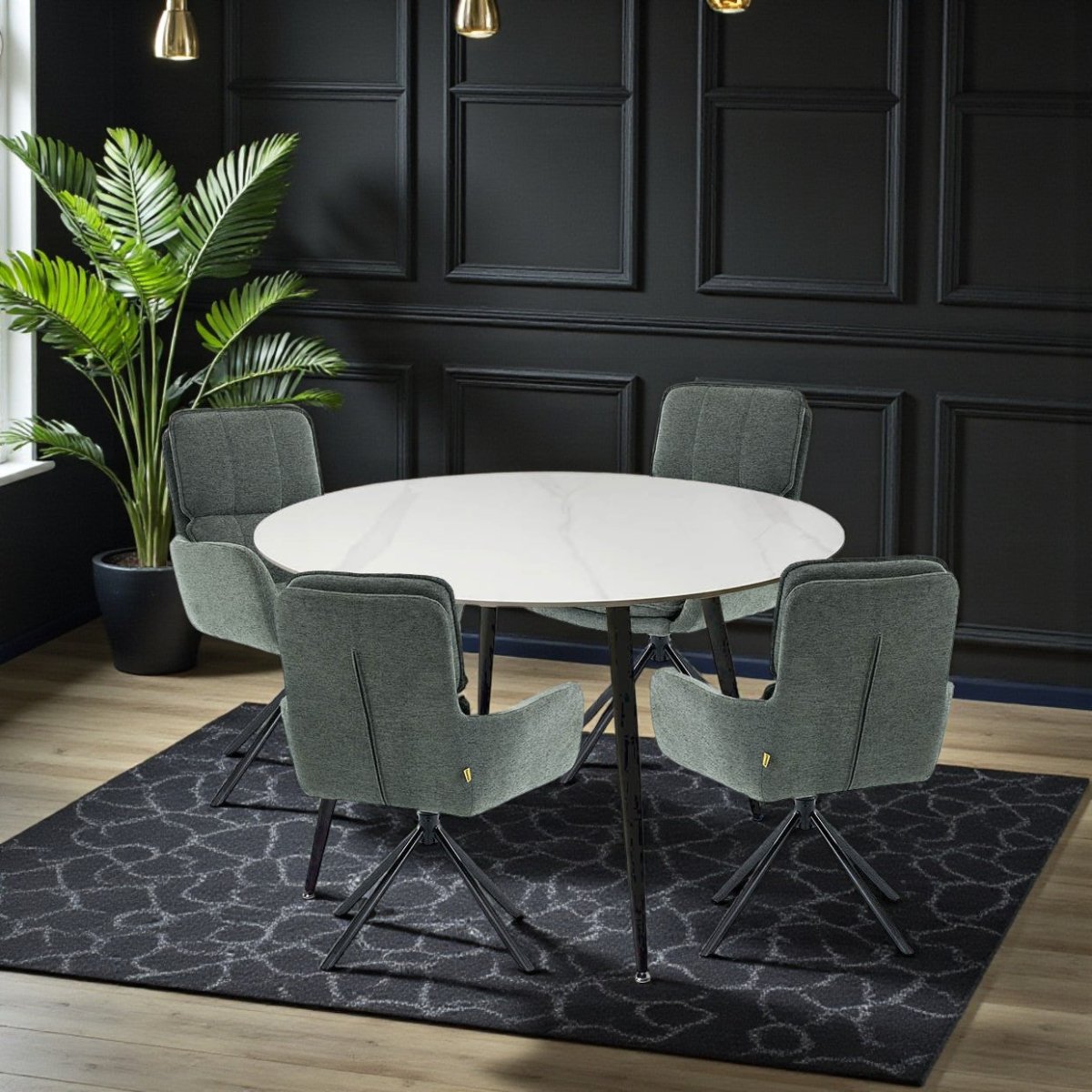 1.2m White Circular Ceramic Table &amp; 4 x Forest Green Luxe Panel Stitch Swivel Chair Set - The Furniture Warehouse