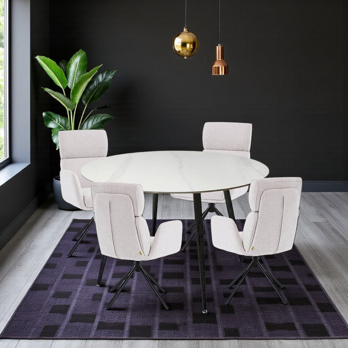 1.2m White Circular Ceramic Table &amp; 4 x Grey High Back Swivel Chair Set - The Furniture Warehouse
