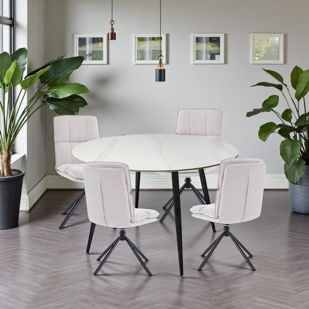 1.2m White Circular Ceramic Table &amp; 4 x Grey Luxe Panel Stitch Swivel Chair Set - The Furniture Warehouse