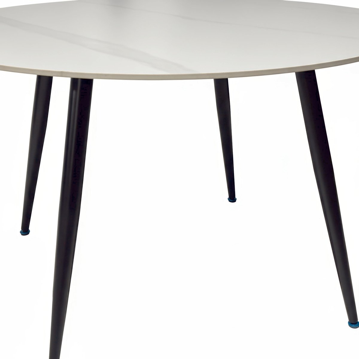 1.2m White Circular Ceramic Table &amp; 4 x Grey Luxe Panel Stitch Swivel Chair Set - The Furniture Warehouse