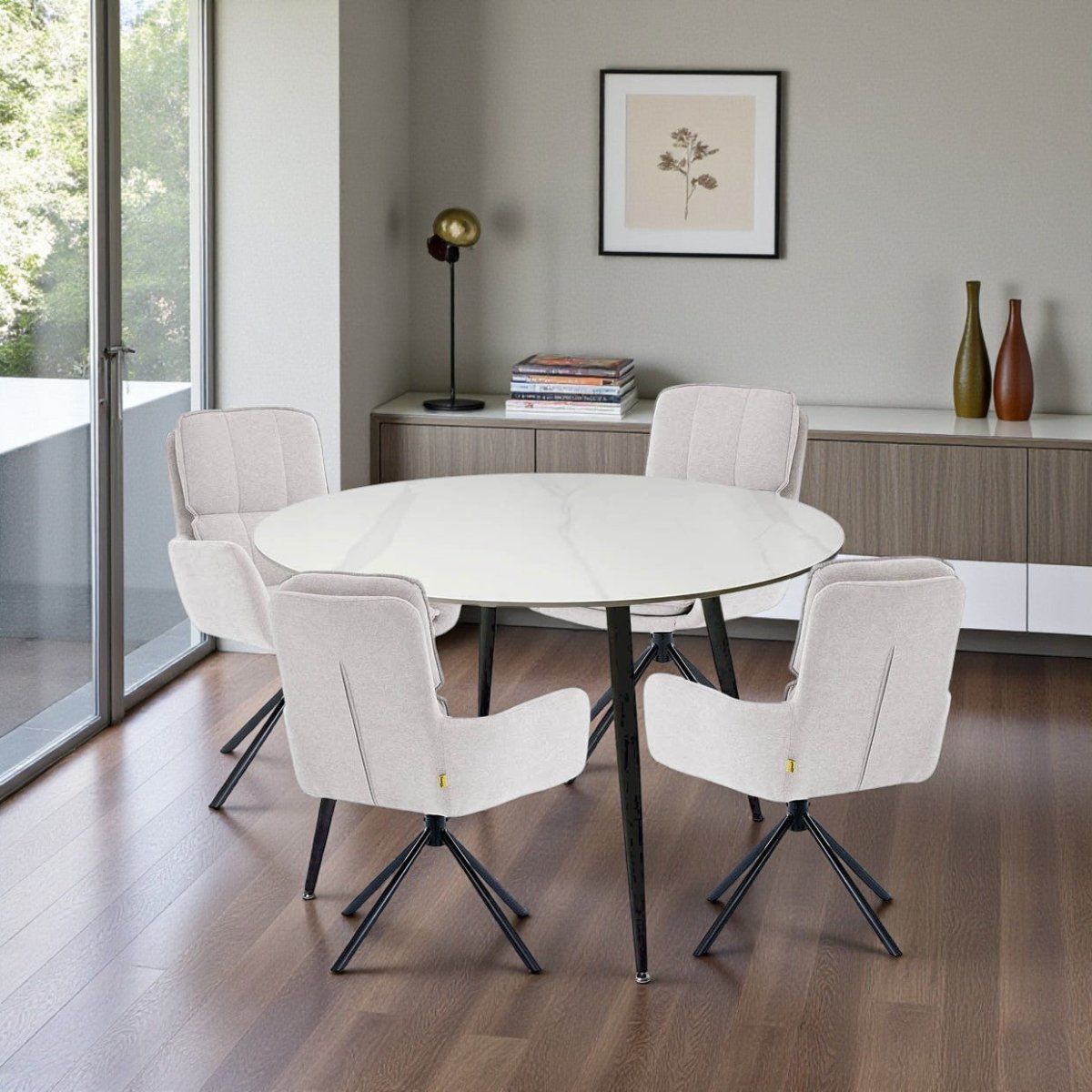 1.2m White Circular Ceramic Table &amp; 4 x Grey Luxe Panel Stitch Swivel Chair Set - The Furniture Warehouse