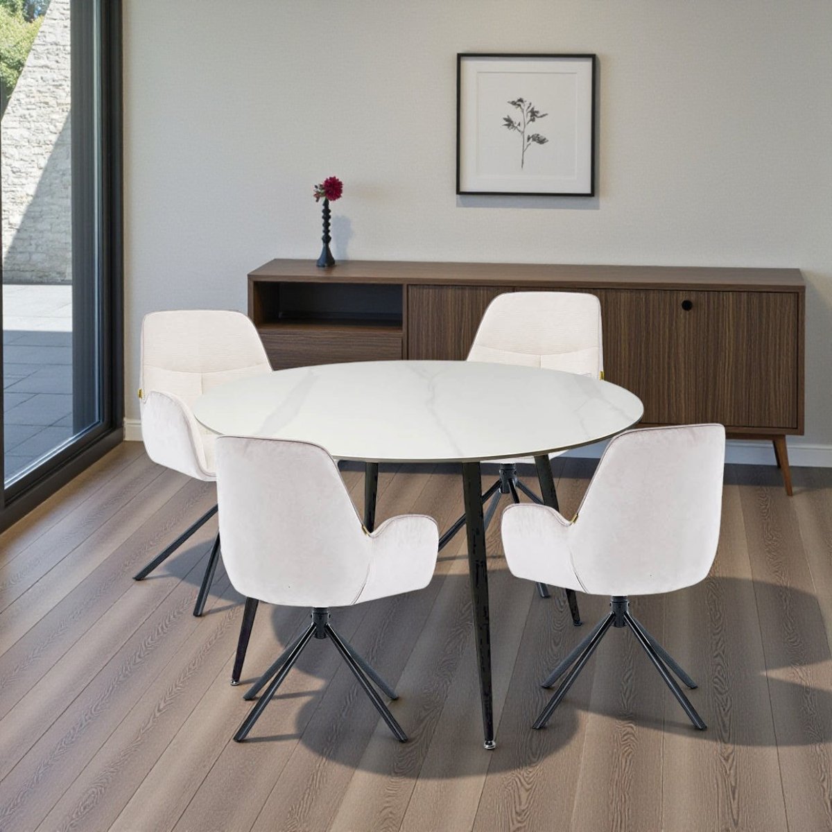 1.2m White Circular Ceramic Table &amp; 4 x Grey Luxe T Stitch Swivel Chair Set - The Furniture Warehouse