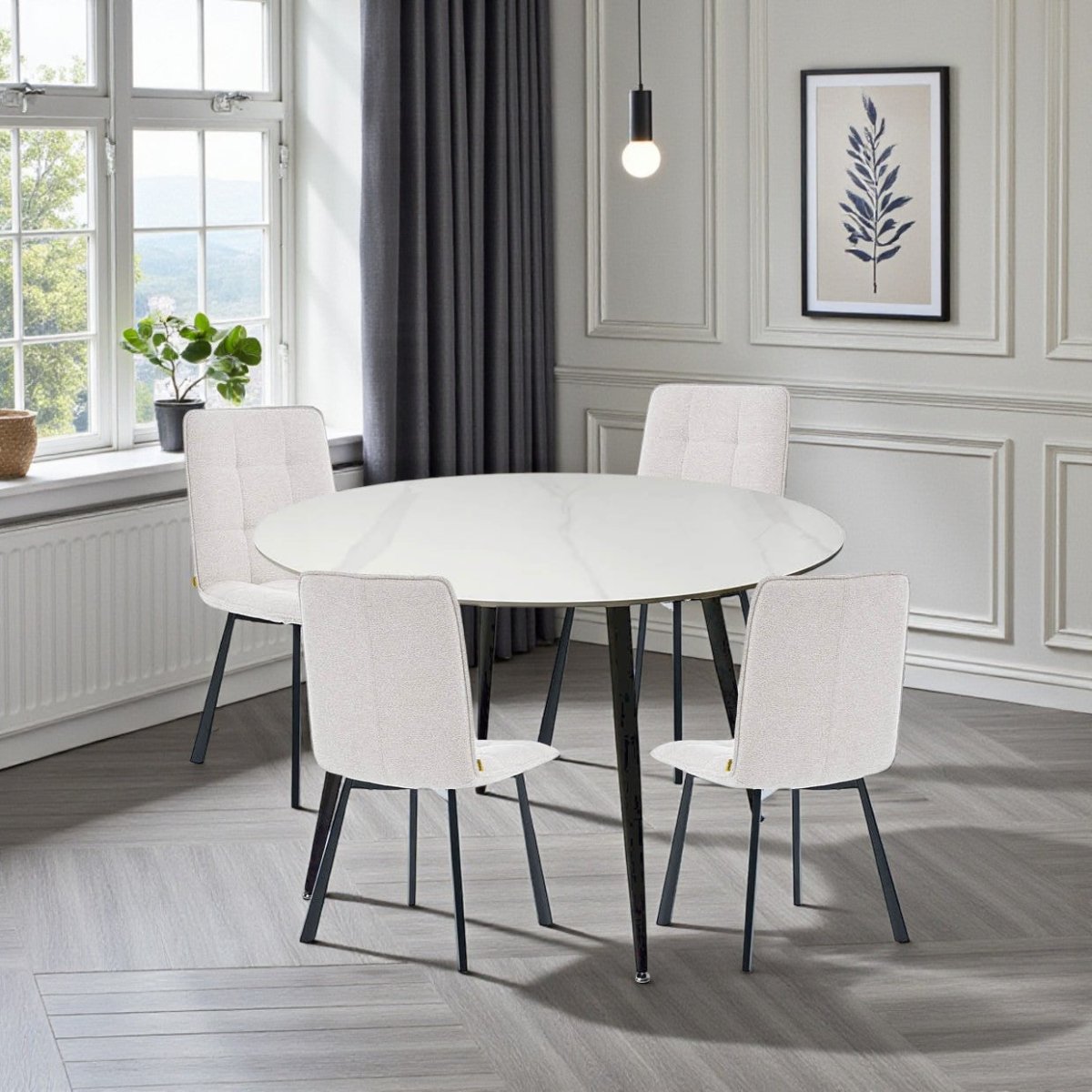 1.2m White Circular Ceramic Table &amp; 4 x Grey Panel Stitch Chair Set - The Furniture Warehouse