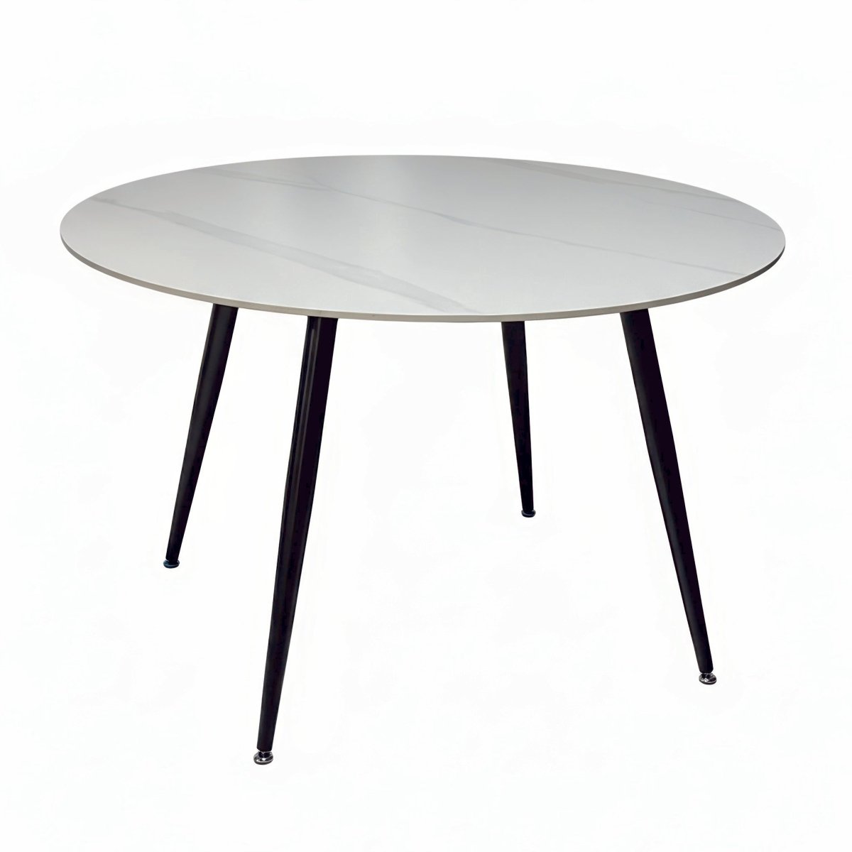1.2m White Circular Ceramic Table &amp; 4 x Grey Panel Stitch Chair Set - The Furniture Warehouse