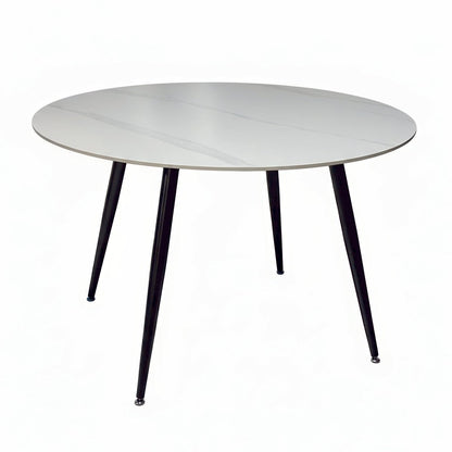 1.2m White Circular Ceramic Table &amp; 4 x Grey Panel Stitch Chair Set - The Furniture Warehouse