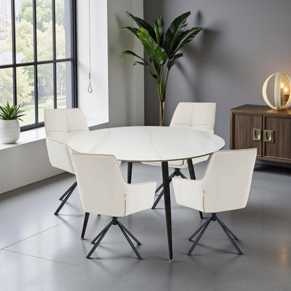 1.2m White Circular Ceramic Table &amp; 4 x Light Grey Luxe Cross Stitch Swivel Chair Set - The Furniture Warehouse