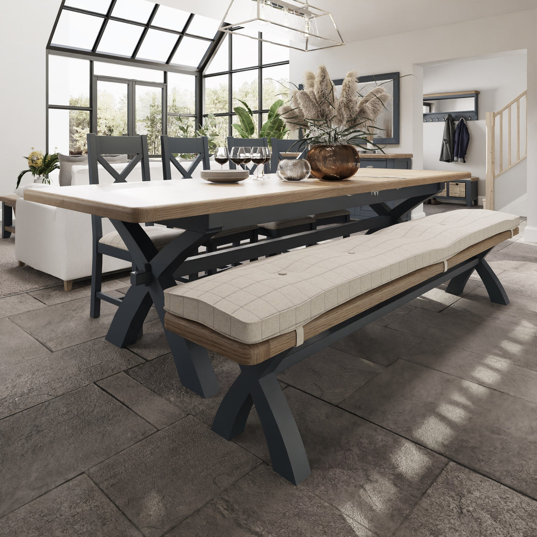 Wessex Smoked Oak Blue Painted 2.5m Cross Leg Extending Dining Table
