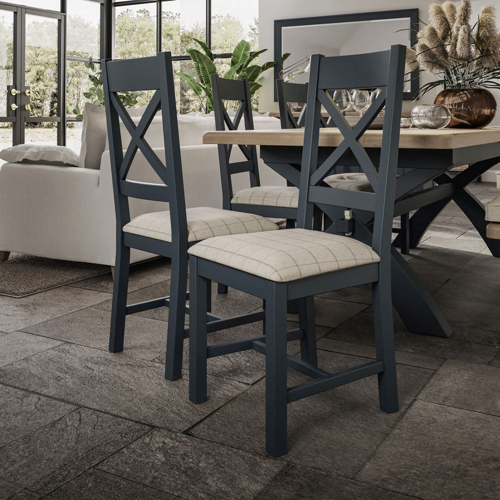Wessex Smoked Oak Blue Painted Cross Back Dining Chair With Natural Check Seat