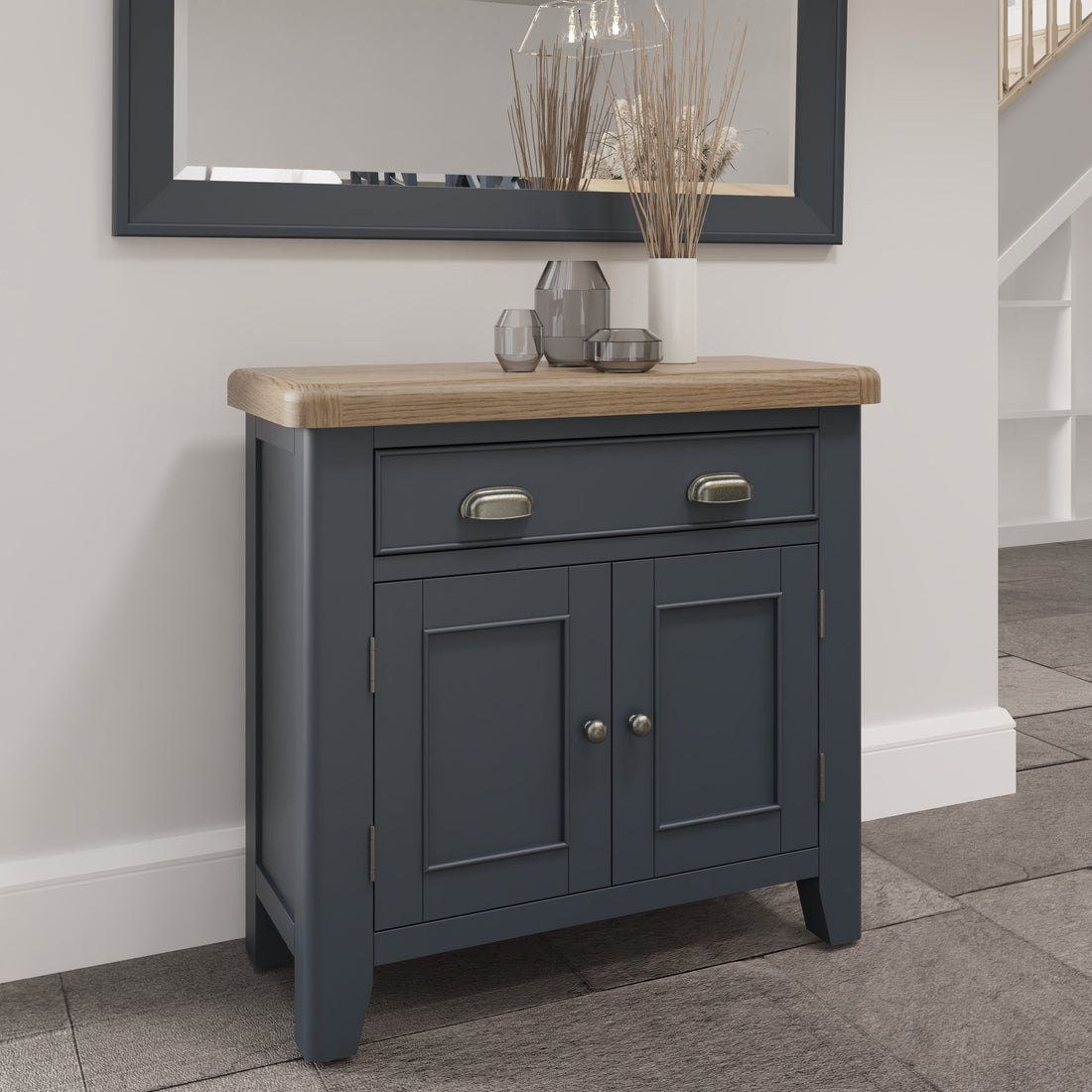 Wessex Smoked Oak Blue Painted Mini 1 Drawer 2 Door Sideboard