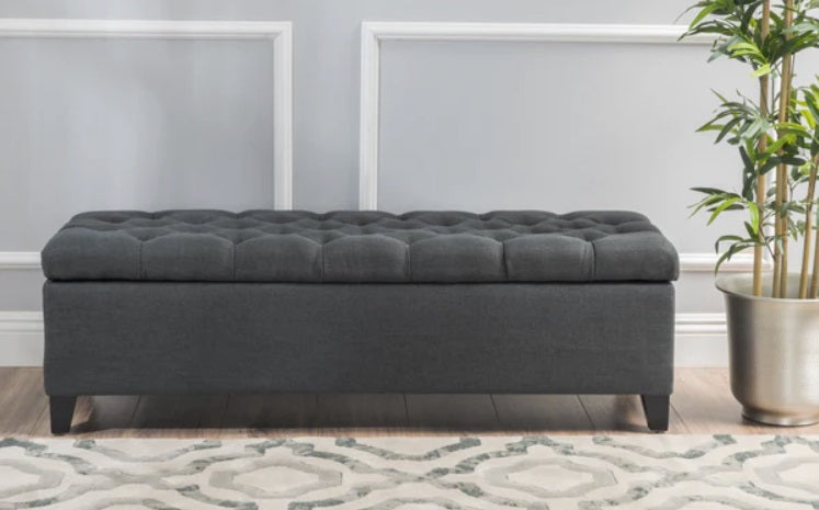Button-Tufted Leather Ottoman Bench Dark Grey