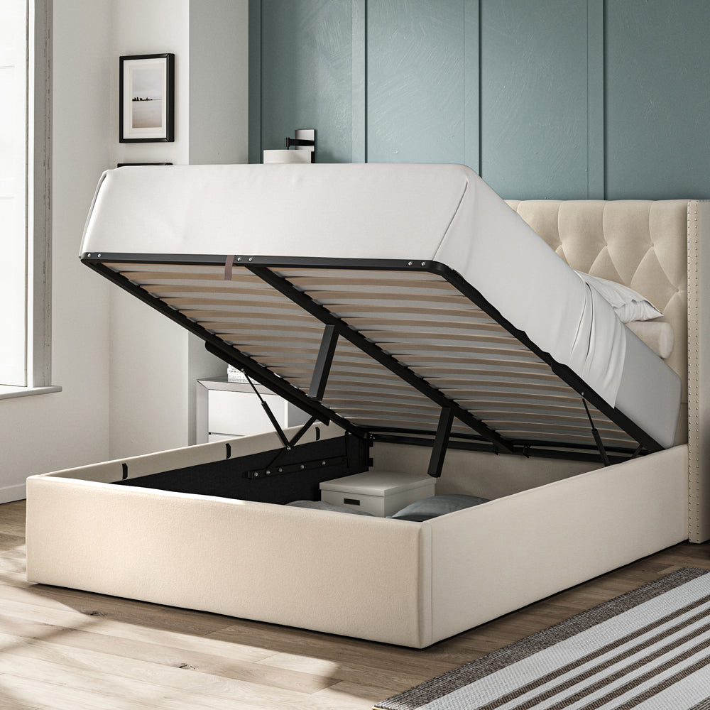 Lowick Beige Linen King Size Upholstered Ottoman Bed Frame