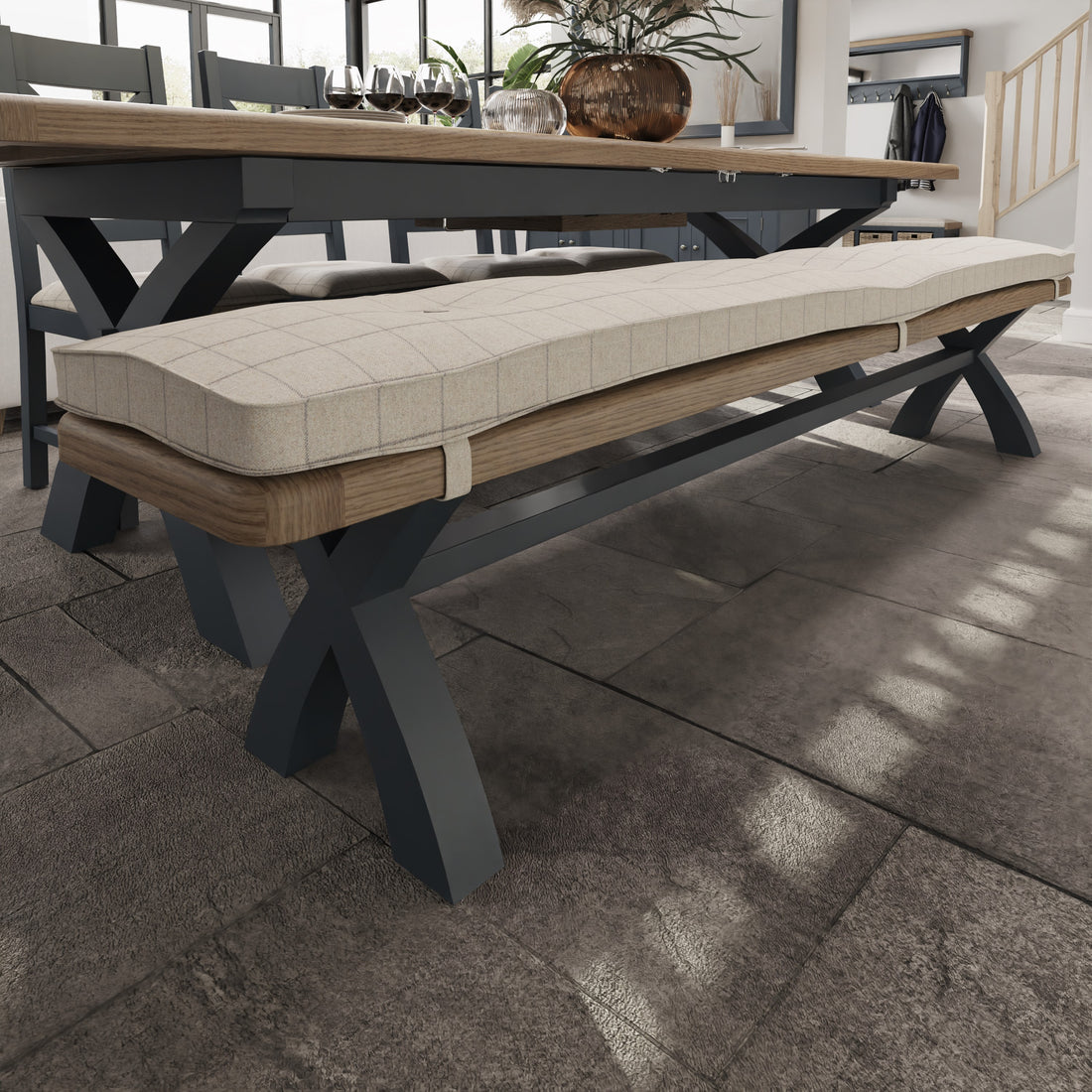 Wessex Smoked Oak Blue Painted 2.5m Cross Leg Bench
