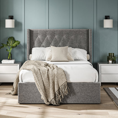Lowick Grey Linen Double Upholstered Ottoman Bed Frame
