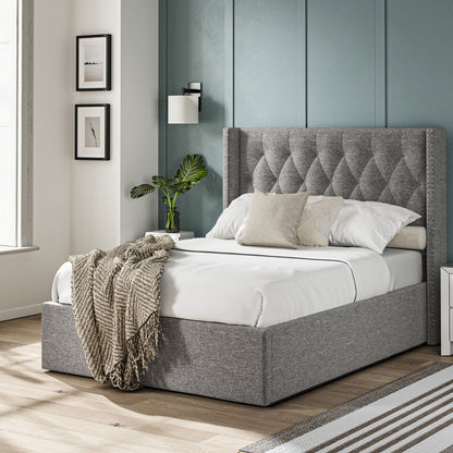 Lowick Grey Linen Double Upholstered Ottoman Bed Frame