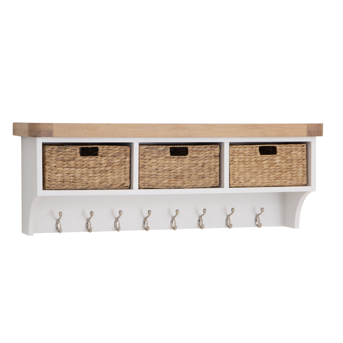 Dorset White Painted Oak Large Coat Rack with Wicker Baskets