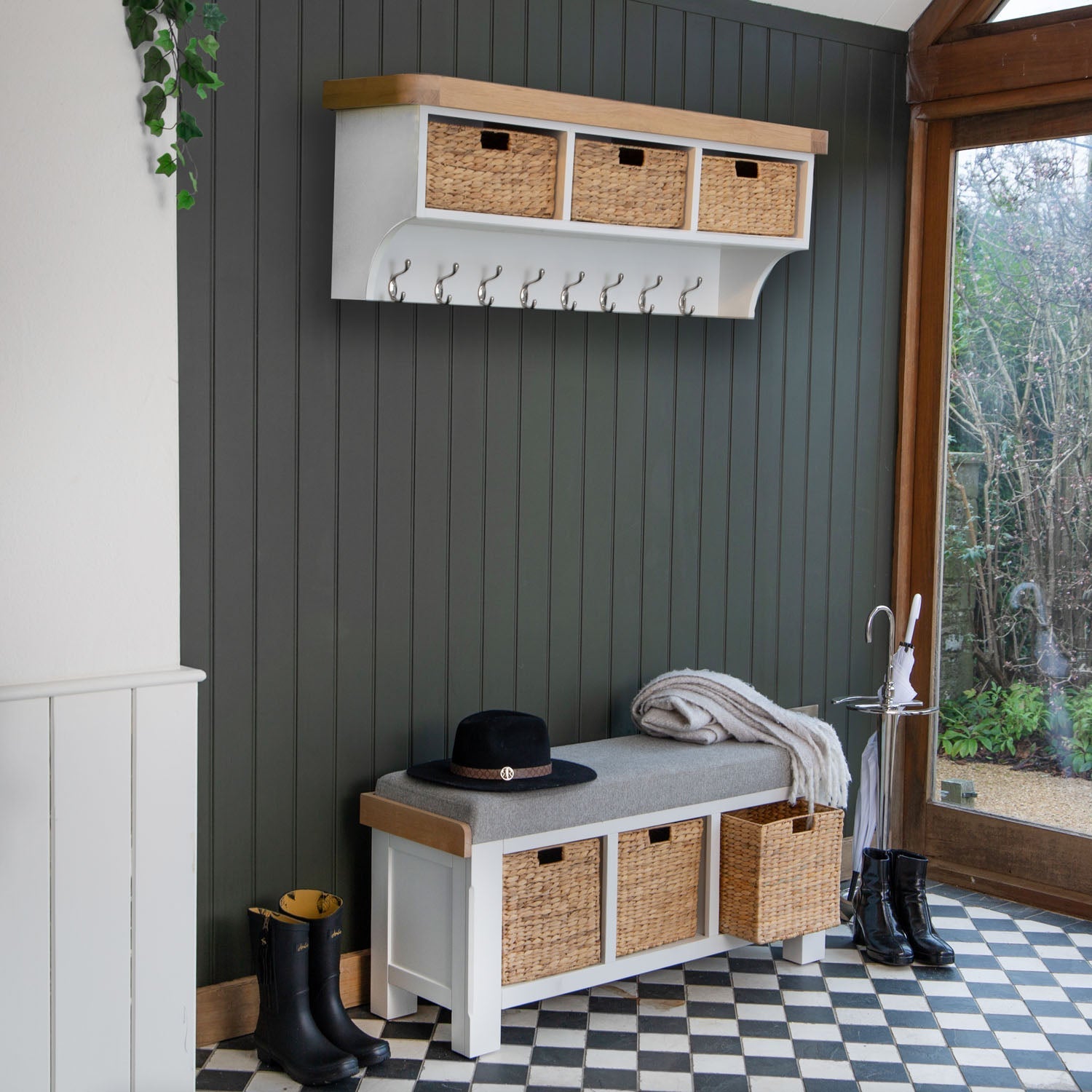 Dorset White Painted Oak Large Coat Rack with Wicker Baskets