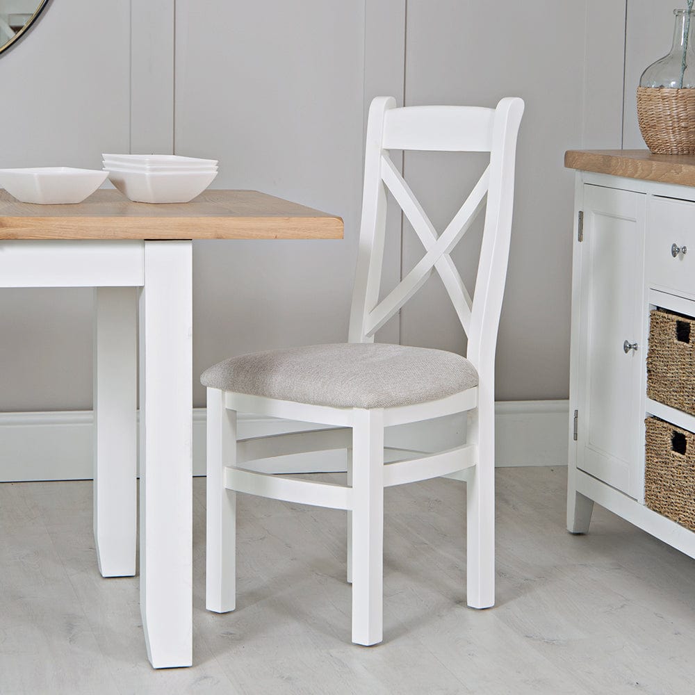 Eaton White Painted Oak Cross Back Dining Chair Fabric Seat