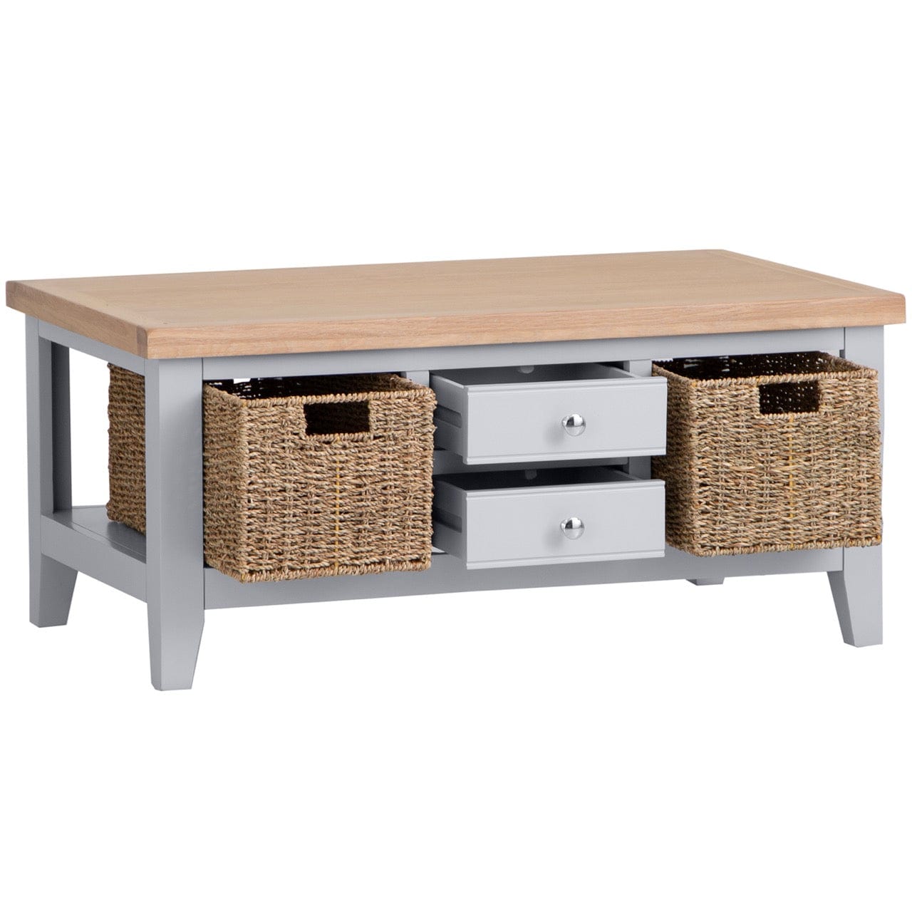 Eaton Grey Painted Oak Large Coffee Table with Wicker Baskets