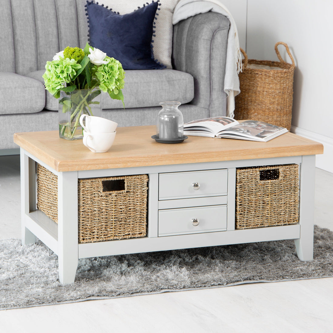 Eaton Grey Painted Oak Large Coffee Table with Wicker Baskets