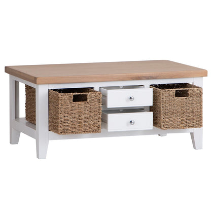 Eaton White Painted Oak Large Coffee Table with Wicker Baskets