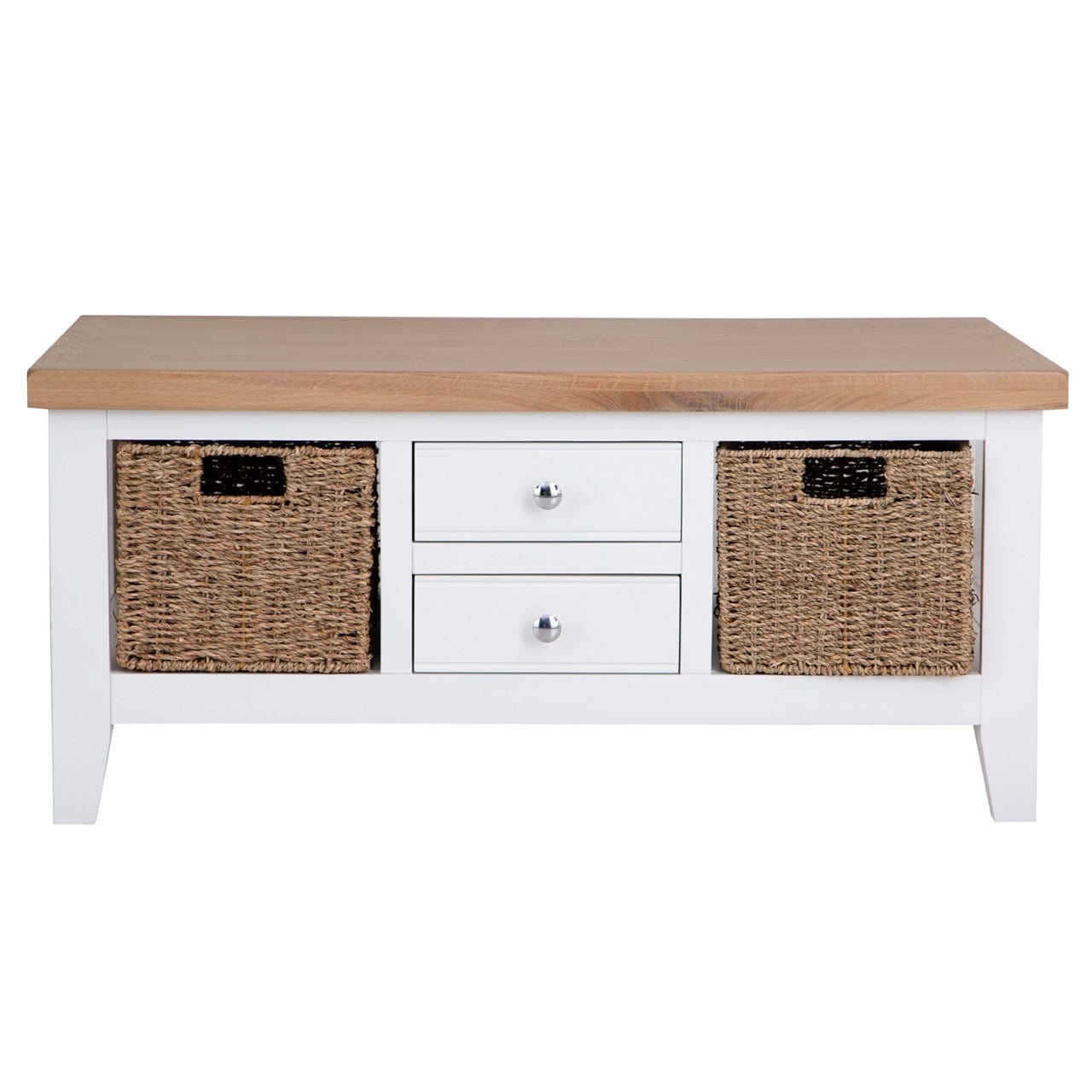 Eaton White Painted Oak Large Coffee Table with Wicker Baskets