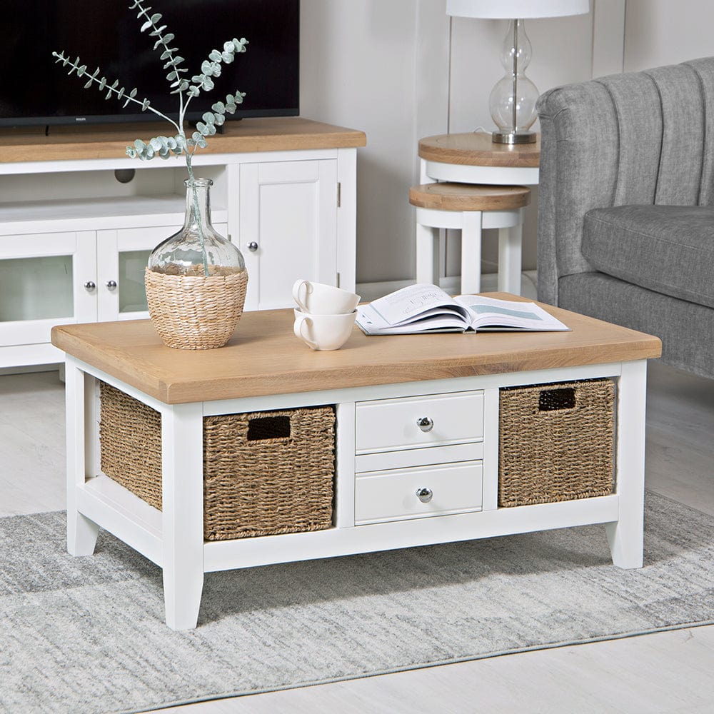 Eaton White Painted Oak Large Coffee Table with Wicker Baskets