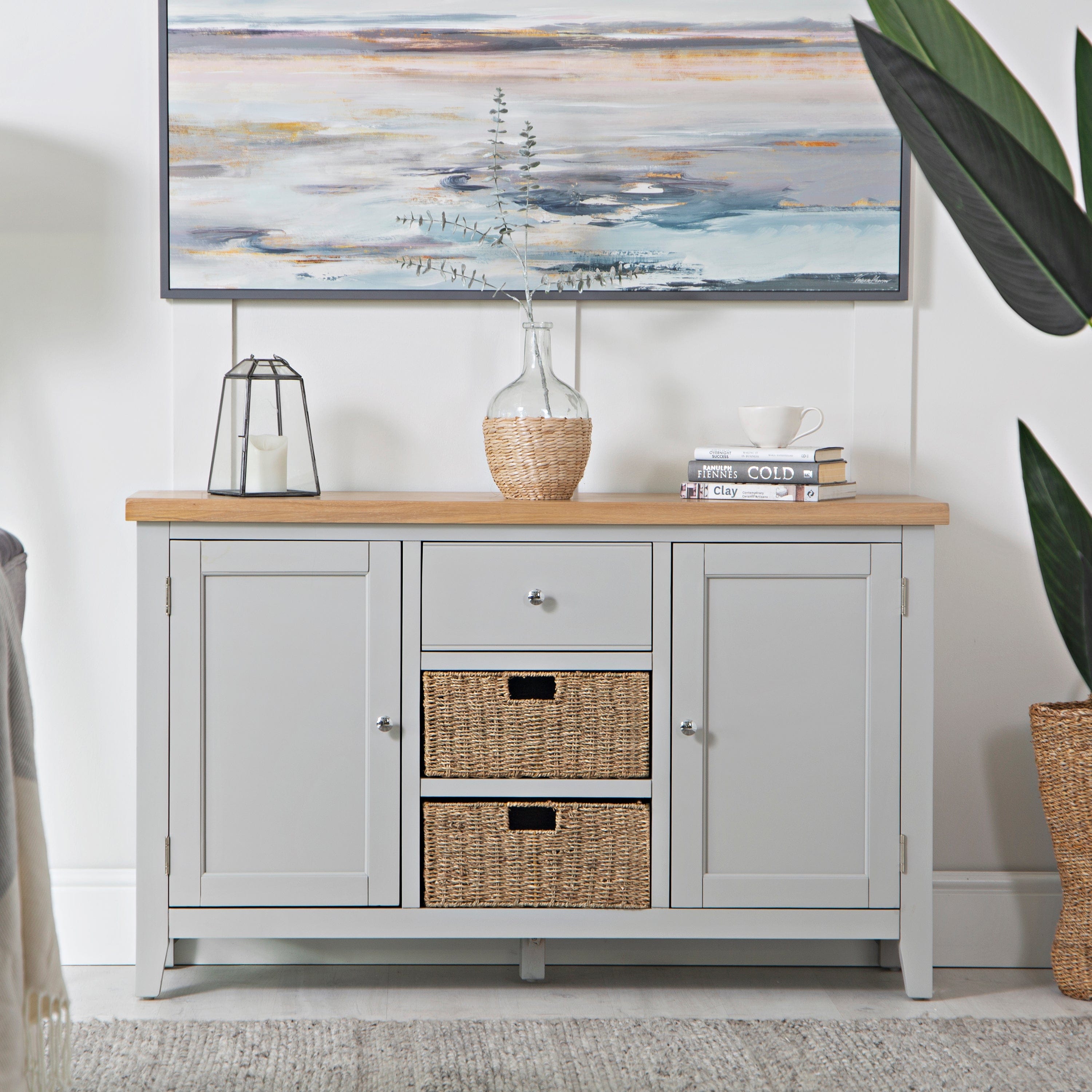 Eaton Grey Painted Oak 2 Door Large Sideboard with Wicker Baskets