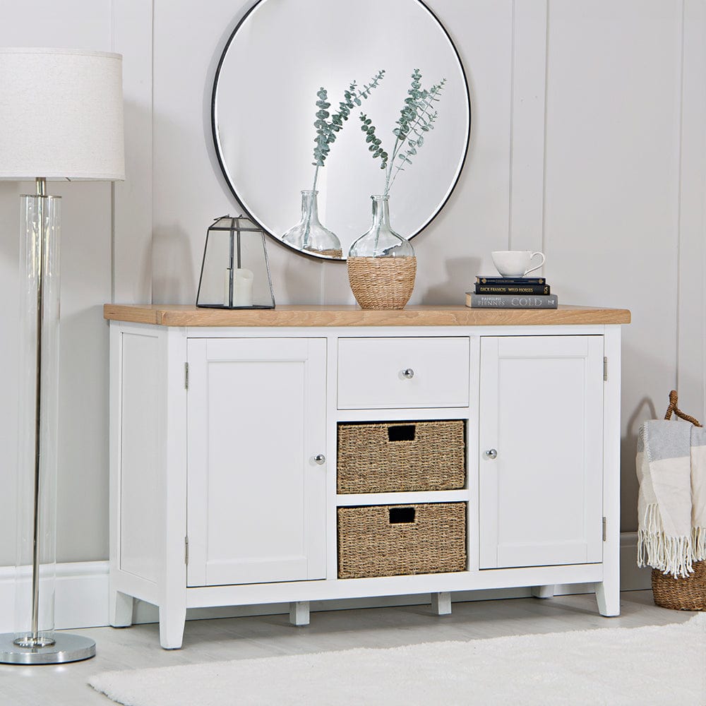 Eaton White Painted Oak 2 Door Large Sideboard with Wicker Baskets