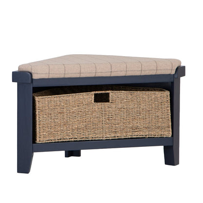 Wessex Smoked Oak Blue Painted Corner Hall Bench with Wicker Basket