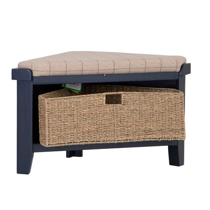 Wessex Smoked Oak Blue Painted Corner Hall Bench with Wicker Basket