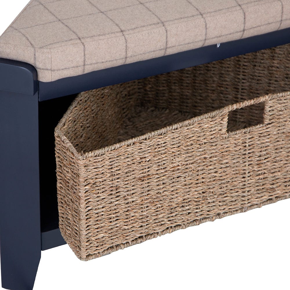 Wessex Smoked Oak Blue Painted Corner Hall Bench with Wicker Basket