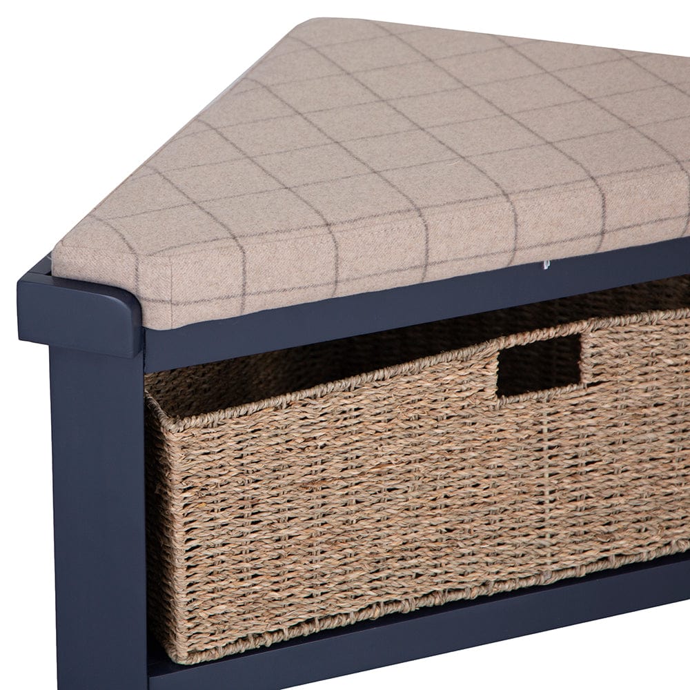 Wessex Smoked Oak Blue Painted Corner Hall Bench with Wicker Basket