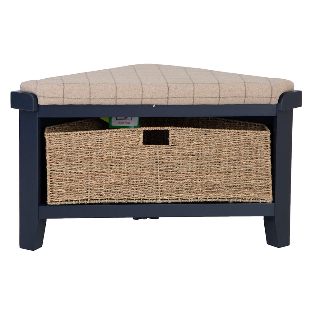 Wessex Smoked Oak Blue Painted Corner Hall Bench with Wicker Basket