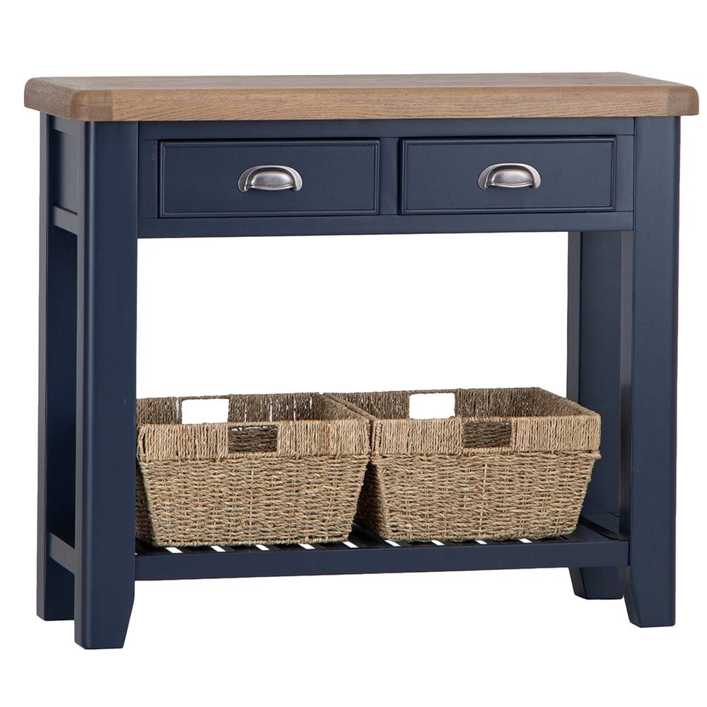 Wessex Smoked Oak Blue Painted Console Table With Wicker Baskets
