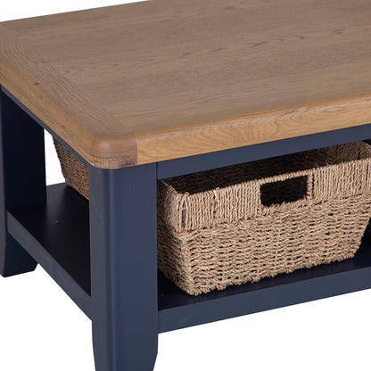 Wessex Smoked Oak Blue Painted Coffee Table With Wicker Baskets