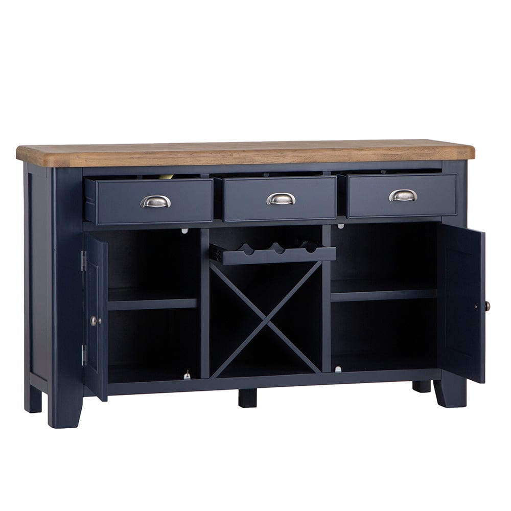 Wessex Smoked Oak Blue Painted Large Sideboard Wine Rack