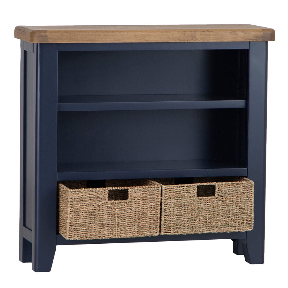 Wessex Smoked Oak Blue Painted Small Bookcase with Wicker Baskets