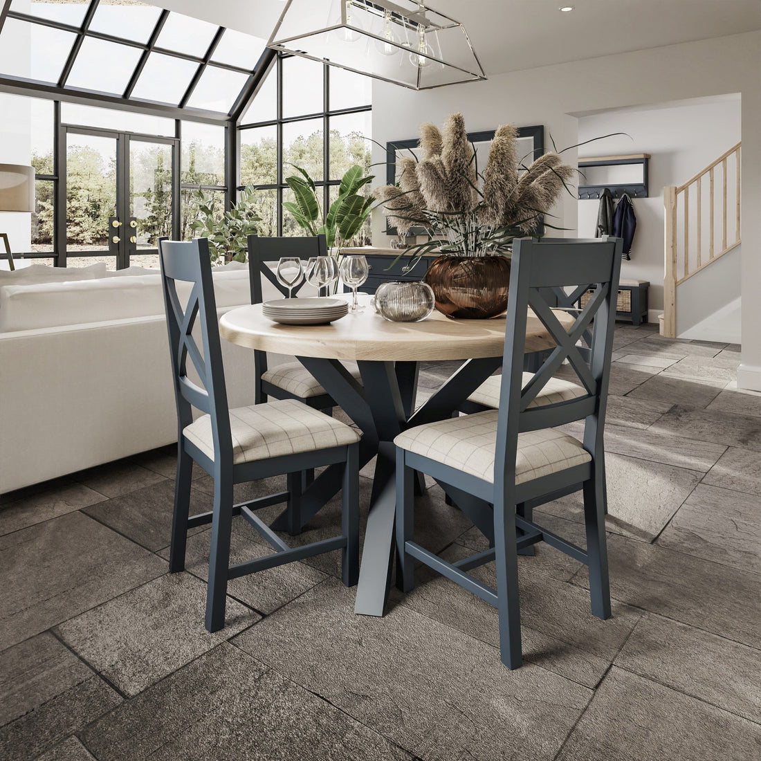Wessex Smoked Oak Blue Painted Small Round Cross Leg Dining Table