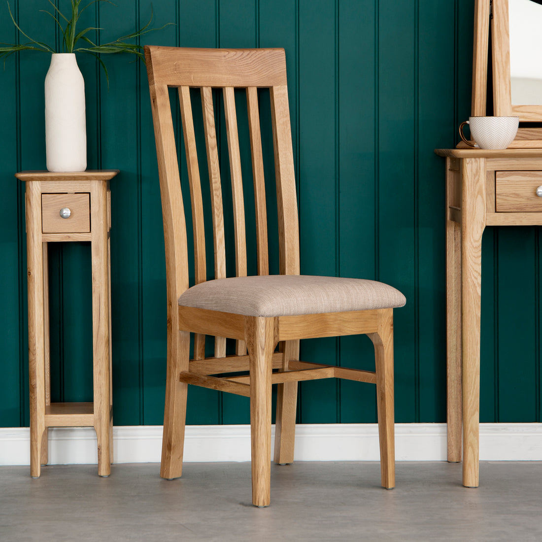 Bergen Oak Rail Back Chair Fabric Seat