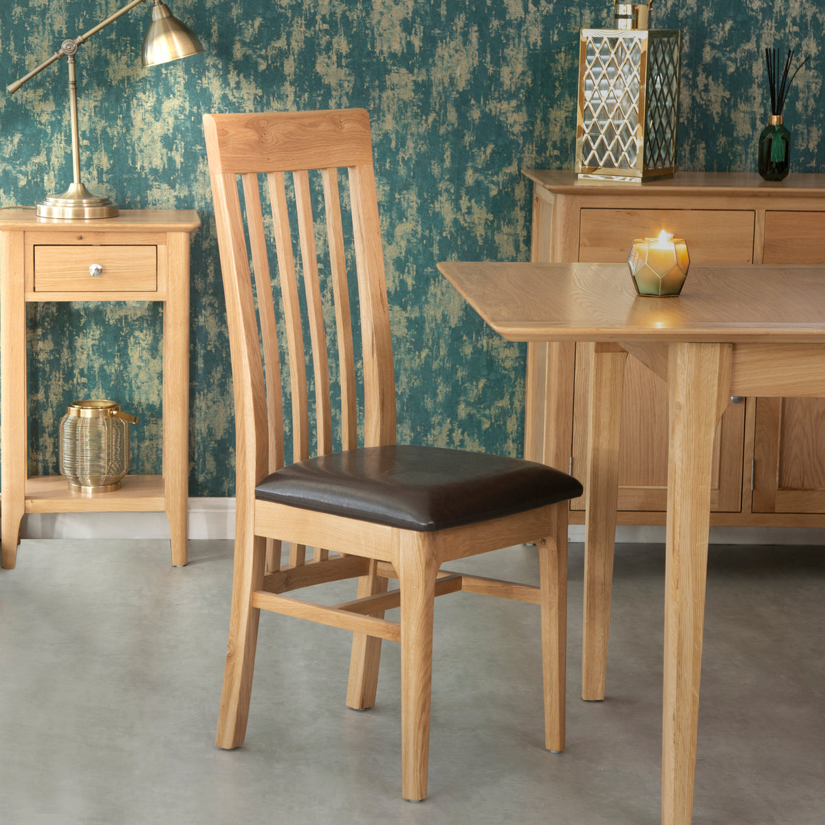 Bergen Oak Rail Back Chair Faux Leather Seat