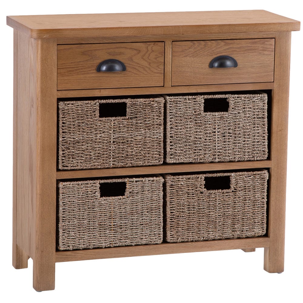 Rutland Oak 2 Drawer 4 Wicker Basket Cabinet