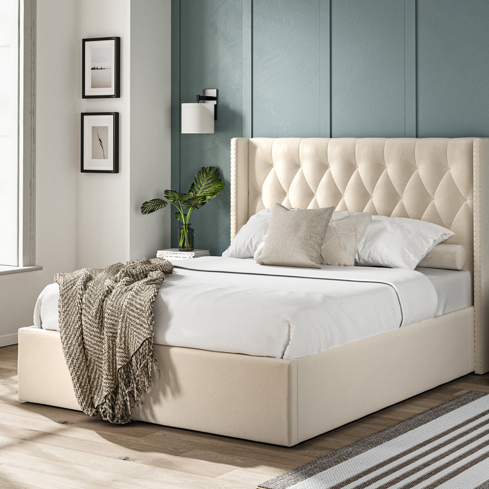 Lowick Beige Linen King Size Upholstered Ottoman Bed Frame