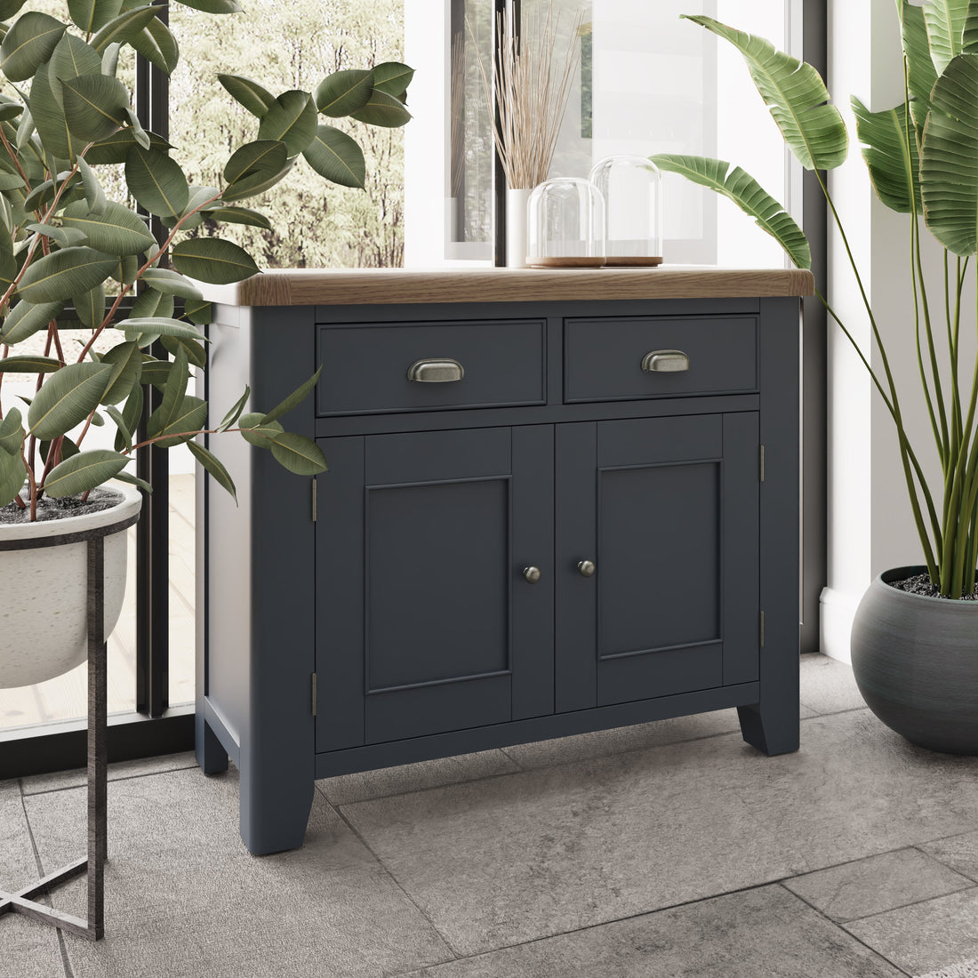 Wessex Smoked Oak Blue Painted Small 2 Drawer 2 Door Sideboard