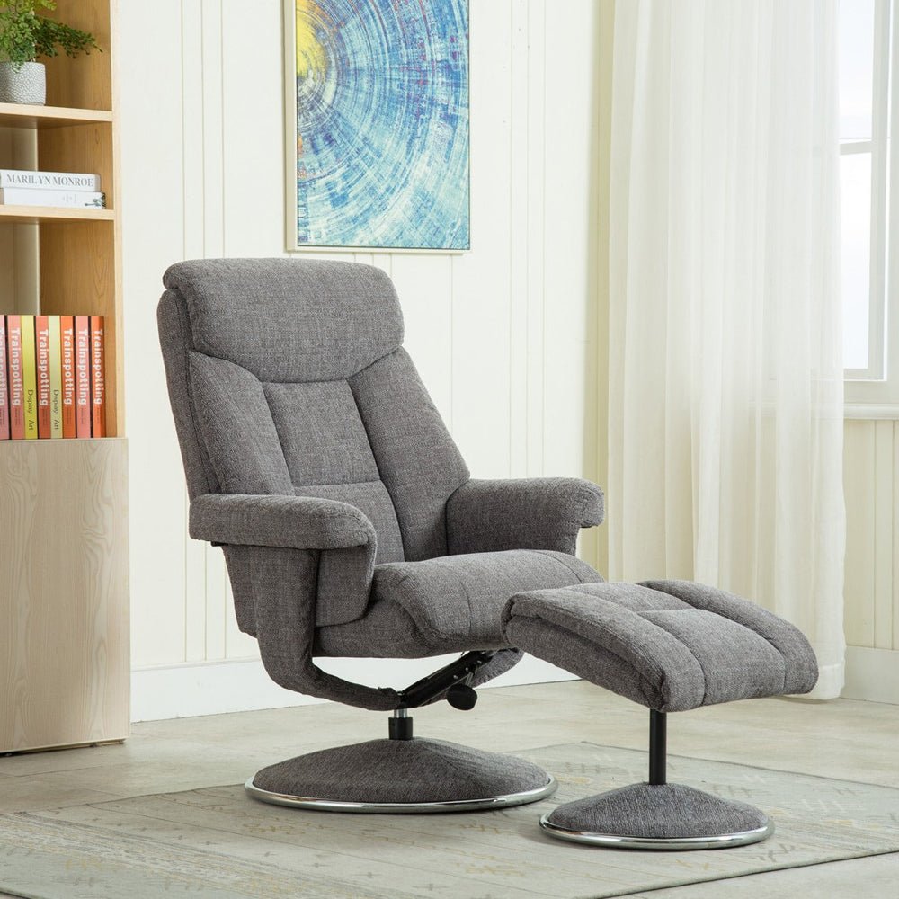 Biarritz Swivel Recliner &amp; Footstool - Lisbon Grey - The Furniture Warehouse