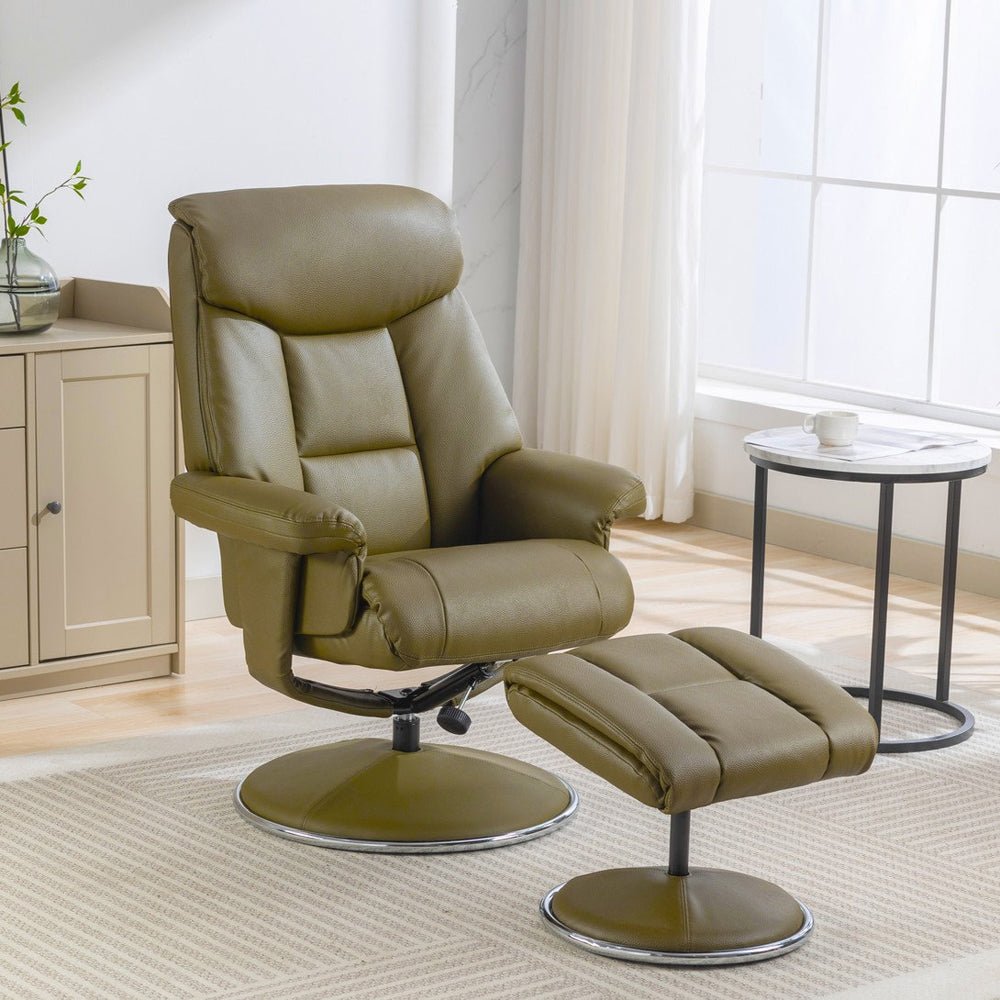 Biarritz Swivel Recliner &amp; Footstool - Olive Green - The Furniture Warehouse