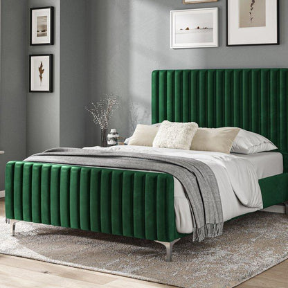 Carloway Green Velvet Double Upholstered Bed Frame - The Furniture Warehouse